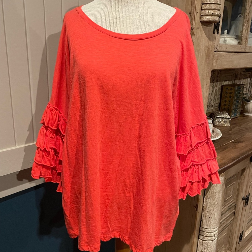 Umgee Bright Coral Ruffle Sleeve Blouse